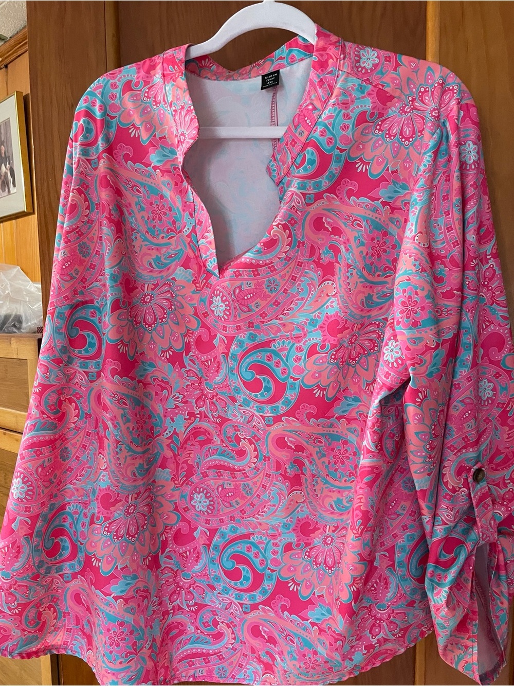 SHEIN Coral and Teal Paisley Split-Neck Tunic